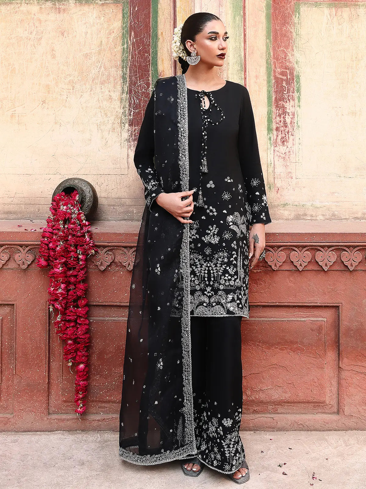 Front full-length view of black embroidered stitched 3-piece luxury silk suit from Khat by INEJ.