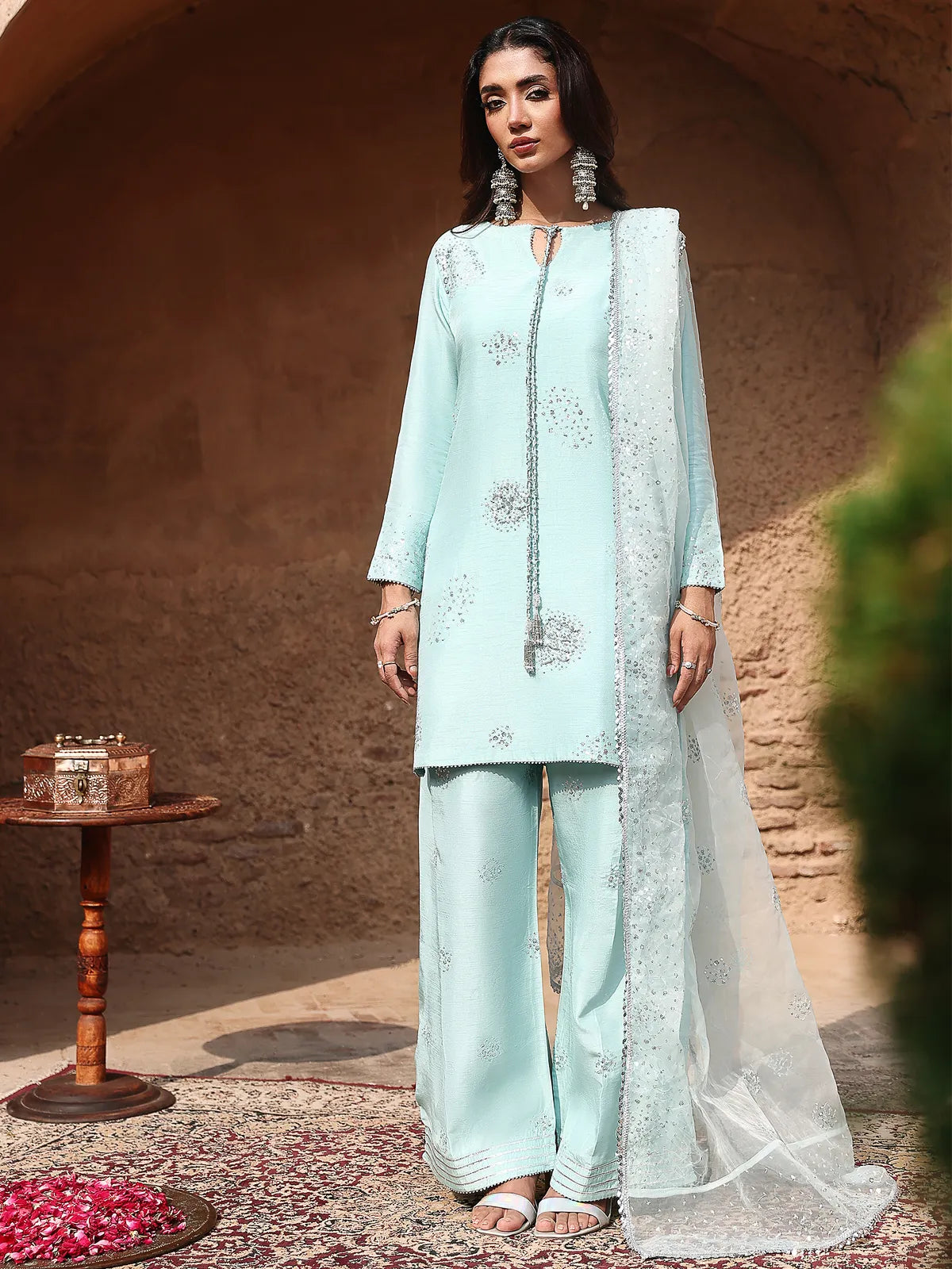 Front full-length view of ice blue embroidered stitched 3-piece luxury silk suit from Khat by INEJ.