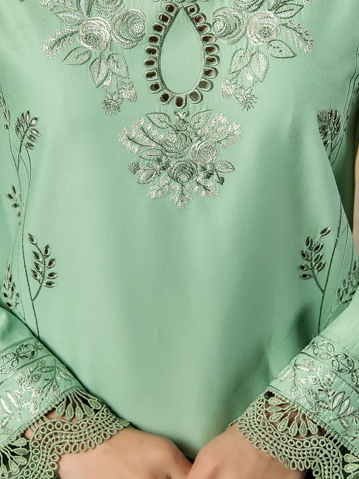 Close-up view of keyhole neckline cutwork, tonal floral threadwork, and embroidered details on the mint green lawn shirt by INEJ.