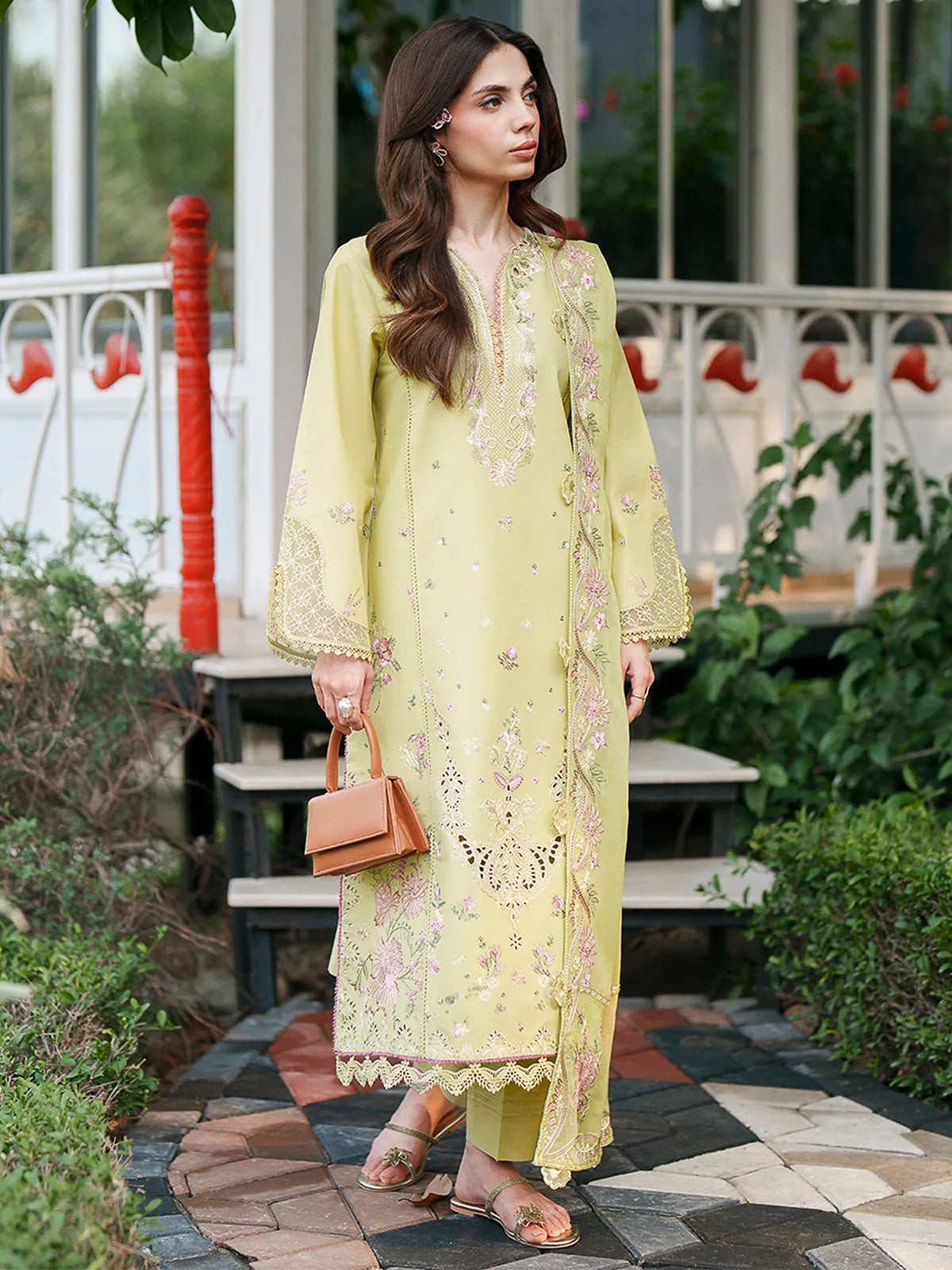 Front full-length view of olive green lawn stitched 3-piece suit featuring pink floral embroidery, lace trim neckline, and embroidered dupatta from Baad-e-Saba by INEJ.