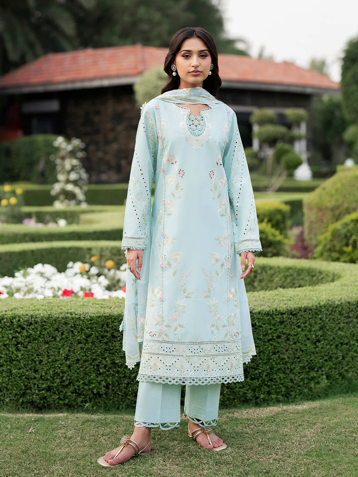 Front full-length view of sky blue lawn stitched 3-piece suit featuring delicate floral embroidery and cutwork hem details from Baad-e-Saba by INEJ.