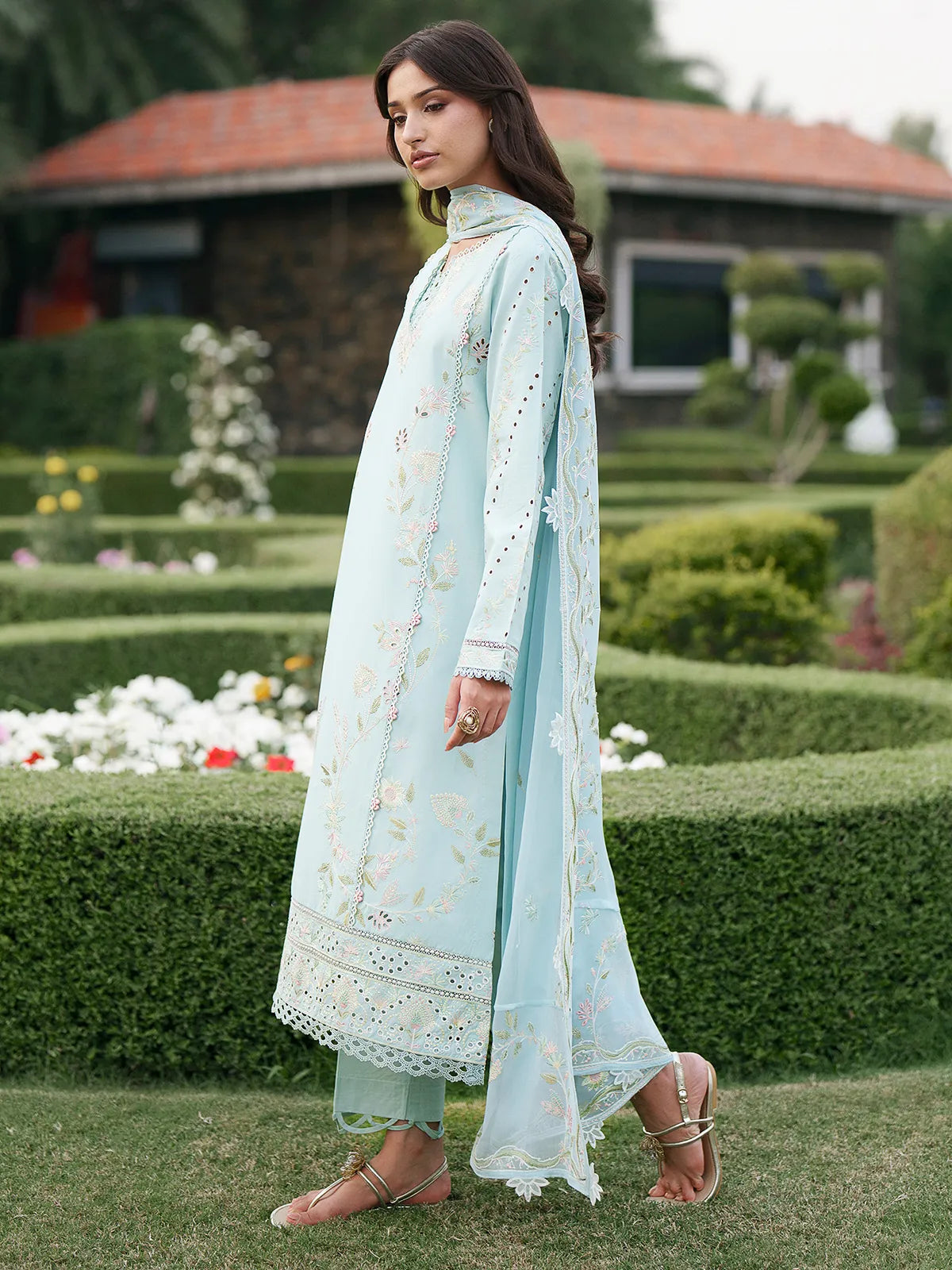 Side profile view of sky blue lawn stitched 3-piece suit featuring subtle floral embroidery and cutwork border details from Baad-e-Saba by INEJ.